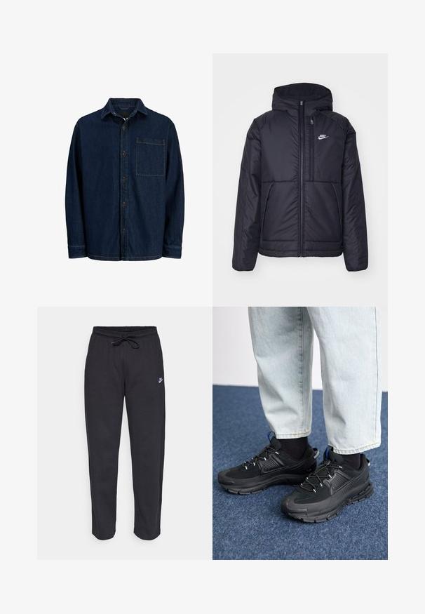 Zwarte, gewatteerde Nike-jas met een voorkant met ritssluiting en capuchon. Kenmerkt zich door een wit logo op de linkerborst en dubbele frontzakken. Gladde buitenkant.; Donkerblauwe denim blouse met lange mouwen, een puntige kraag en een borstzak. Voorzien van bruine knopen en gele stikselaccenten.; Zwarte sweatpants van zacht stof met een elastische tailleband, trekkoord en een klein Nike-logo op de linker bovenbeen.; Zwarte sportschoenen met gestructureerde stof en rubberen zolen, met elastische veters en een blauwe accent op de hiel. Draag samen met lichte spijkerbroeken.
