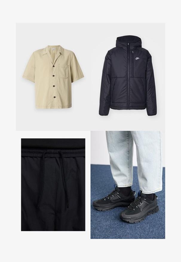 Black, padded Nike jacket with a front zipper and hood. Features a white logo on the left chest and dual front pockets. Smooth exterior texture.; Short-sleeve beige shirt made of cotton with a pointed collar, button closure, and left chest pocket. Smooth texture, simple design.; Black shorts featuring a drawstring waistband, lightweight fabric with a smooth texture, and a simple design without visible logos or patterns.; Black athletic shoes with textured fabric and rubber soles, featuring elastic laces and a blue accent on the heel. Worn with light denim pants.