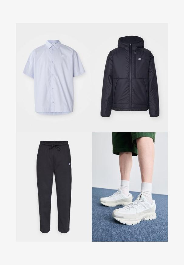 Casaco Nike preto, acolchoado, com fecho à frente e capuz. Apresenta um logo branco no lado esquerdo do peito e dois bolsos frontais. Textura exterior lisa.; Camisa azul-clara de manga curta feita de tecido suave, com um design de botão e um pequeno logotipo branco da Nike no peito.; Calças de treino pretas feitas de tecido suave, com faixa elástica na cintura, cordão regulador e um pequeno logótipo da Nike na coxa esquerda.; Sapatos atléticos brancos com sobreposições texturizadas, sola espessa e detalhes em cinza. Usados com meias brancas até ao tornozelo e calções verdes sobre uma superfície azul.