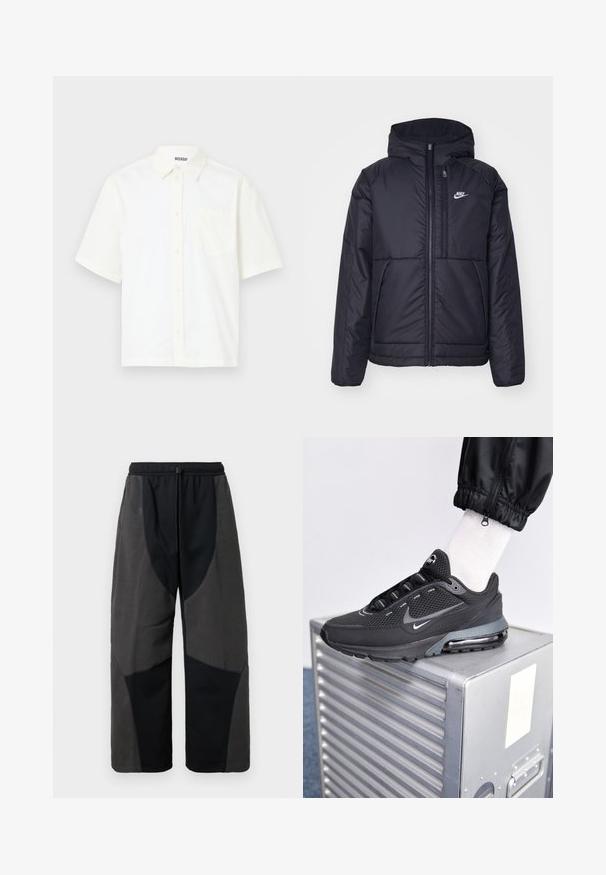 Černá zateplená bunda Nike s předním zipem a kapucí. Na levé straně hrudi má bílé logo a dvojité přední kapsy. Hladký povrch.; Košile s krátkými rukávy, zapínací, v off-white bavlně. Vybavena límcem a kapsou na levé straně hrudi s jednoduchým designem a jemnou strukturou.; Černé kalhoty s volným střihem zvýrazněné fleecovými prvky, které mají kontrastní tmavě šedé látkové panely a nastavitelné pásky na stažení v pase.; Nike Sportswear PULSE - Tenisky - black/anthracite