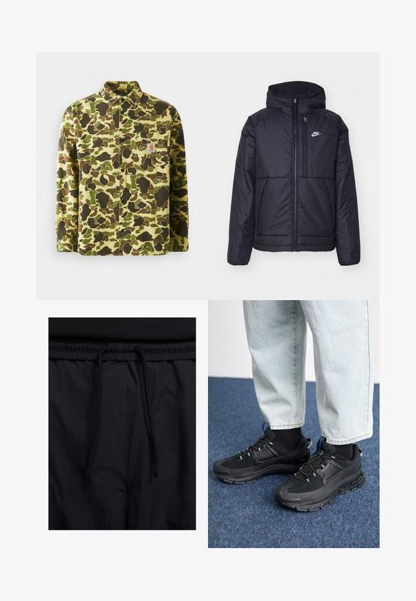 Black, padded Nike jacket with a front zipper and hood. Features a white logo on the left chest and dual front pockets. Smooth exterior texture.; Cotton button-up shirt featuring a camouflage pattern in green, brown, and yellow shades, with a chest pocket and branded tag.; Black shorts featuring a drawstring waistband, lightweight fabric with a smooth texture, and a simple design without visible logos or patterns.; Black athletic shoes with textured fabric and rubber soles, featuring elastic laces and a blue accent on the heel. Worn with light denim pants.