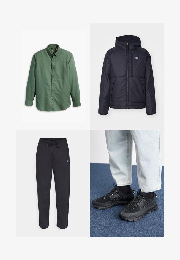 Giacca Nike nera, imbottita, con zip frontale e cappuccio. Presenta un logo bianco sul lato sinistro del petto e doppie tasche frontali. Texture esterna liscia.; Levi's® AUTHENTIC BUTTON DOWN - Camicia - mill forest; Pantaloni della tuta neri realizzati in tessuto morbido con vita elastica, coulisse e un piccolo logo Nike sulla coscia sinistra.; Scarpe sportive nere con tessuto testurizzato e suole in gomma, dotate di lacci elastici e un accento blu sul tallone. Indossate con pantaloni in denim chiaro.