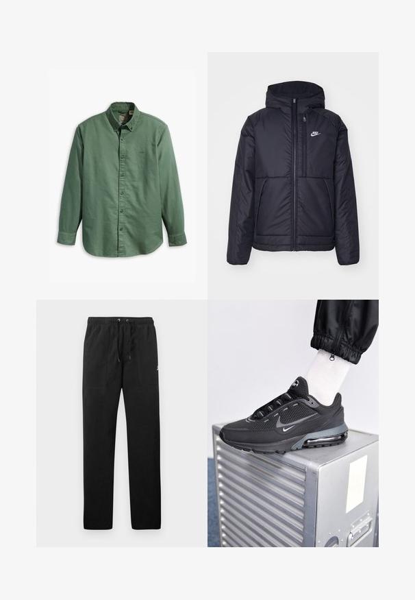 Giacca Nike nera, imbottita, con zip frontale e cappuccio. Presenta un logo bianco sul lato sinistro del petto e doppie tasche frontali. Texture esterna liscia.; Levi's® AUTHENTIC BUTTON DOWN - Camicia - mill forest; Pantaloni sportivi neri in felpa, dotati di cintura elastica con cordini, due tasche anteriori e un piccolo logo sulla coscia.; Nike Sportswear PULSE - Sneakers basse - black/anthracite