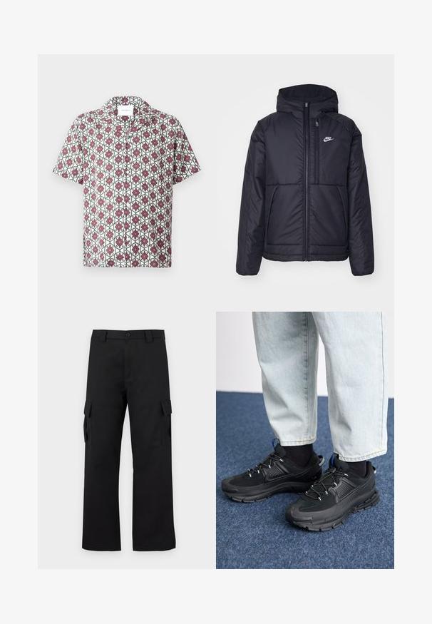 Czarna, pikowana kurtka Nike z przednim zamkiem błyskawicznym i kapturem. Posiada białe logo po lewej stronie klatki piersiowej oraz podwójne kieszenie z przodu. Gładka struktura zewnętrzna.; Koszula z krótkim rękawem wykonana z lekkiego materiału, z białym tłem i powtarzającym się wzorem kwiatowym w kolorach czerwonym i zielonym. Posiada kołnierzyk i guziki.; Czarne spodnie cargo o prostym kroju. Wykonane z trwałej tkaniny, posiadają dwie boczne kieszenie z klapkami oraz zapięcie na guzik.; Czarne buty sportowe z teksturowanej tkaniny i gumowymi podeszwami, z elastycznymi sznurówkami i niebieskim akcentem na pięcie. Noszone z jasnymi dżinsami.
