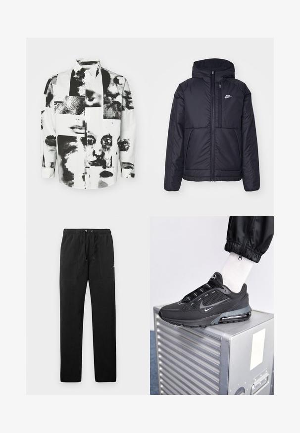 Schwarze, gepolsterte Nike-Jacke mit Frontreißverschluss und Kapuze. Hat ein weißes Logo auf der linken Brust und zwei Fronttaschen. Glattes äußeres Material.; Kidsuper COLLAGE FACES BUTTON UP - Hemd - white; Schwarze Sweatpants aus Fleece, mit einem elastischen Bund mit Kordelzug, zwei Fronttaschen und einem kleinen Logo auf dem Oberschenkel.; Nike Sportswear PULSE - Sneaker low - black/anthracite