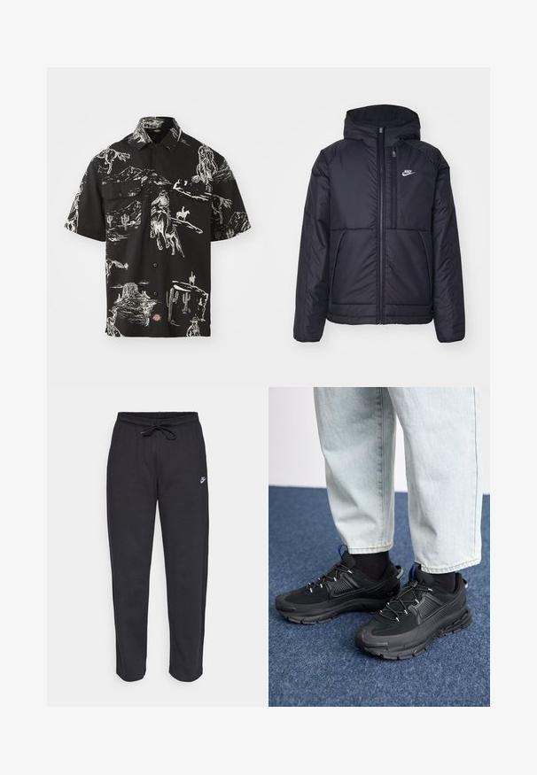 Musta, pehmustettu Nike-takki, jossa on etuvetoketju ja huppu. Vasemmassa rinnassa on valkoinen logo ja takissa on kaksinkertaiset etutaskut. Pintakoe on sileä.; Lyhythihainen musta paita, jossa on cowboy-teemainen valkoinen kuvio, kahdella rintataskulla ja nappikiinnitys.; Mustat verkkareita pehmeästä kankaasta, jossa on joustava vyötärö, nyöri ja pieni Nike-logo vasemmassa reidessä.; Mustat urheilukengät, joissa on teksturoitu kangas ja kumipohjat, elastiset nauhat ja sininen yksityiskohta kannassa. Yhdistetty vaaleisiin farkkuihin.