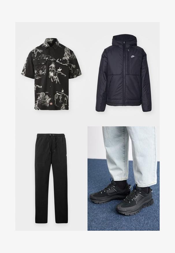Černá zateplená bunda Nike s předním zipem a kapucí. Na levé straně hrudi má bílé logo a dvojité přední kapsy. Hladký povrch.; Krátký černý rukáv s bílým vzorem na téma kovboj, který obsahuje dvě náprsní kapsy a design na knoflíky.; Černé teplákové kalhoty vyrobené z fleecu, s elastickým pasem a šňůrkami, dvěma předními kapsami a malým logem na stehně.; Černé sportovní boty s texturovanou tkaninou a gumovou podrážkou, s elastickými tkaničkami a modrým akcentem na patě. Nosí se s světlými džíny.