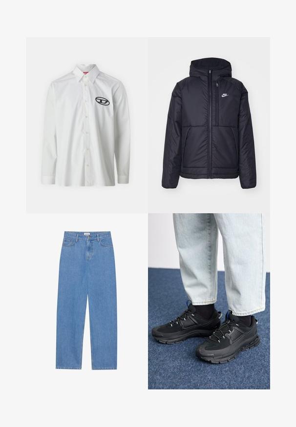 Svart, polstret Nike-jakke med frontglidelås og hette. Har en hvit logo på venstre bryst og doble frontlommer. Glatt ytterside.; Hvit langermet skjorte laget av bomull, med krage som kan kneppes ned og en svart brodert logo på venstre bryst.; Lyseblå denimjeans med rett snitt, fem lomme-design, enkelt knappelukking og subtile sømdetaljer.; Svarte sportssko med teksturert stoff og gummisåler, med elastiske lisser og en blå detalj på hælen. Brukt med lyse denimbukser.
