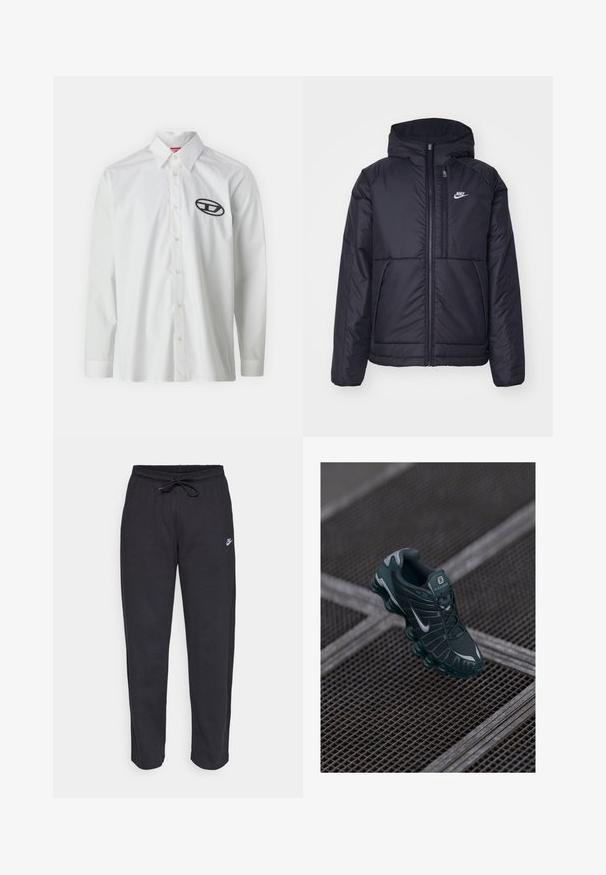 Melna, pufota Nike jaka ar priekšējo rāvējslēdzēju un kapuci. Iezīmēta ar baltu logotipu uz kreisās krūtis un divām priekšējām kabatām. Gluda ārējā tekstūra.; Balta koka garo piedurkņu krekls ar pogu apkakli un melnu izšuvumu kreisajā krūtī.; Melnas sporta bikses, kas izgatavotas no mīksta auduma, ar elastīgu jostu, auklu un mazu Nike logo uz kreisā augšstilba.; Tumši zaļi Nike Shox sporta apavi ar tīkla augšdaļu, gumijas akcentiem un izteiksmīgu mīkstināto zoli. Sudraba Nike logotips sānos. Redzamas teksturētas detaļas.