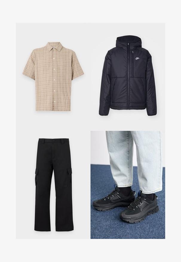 Chaqueta acolchada negra de Nike con cremallera frontal y capucha. Presenta un logo blanco en el lado izquierdo del pecho y dos bolsillos frontales. Textura exterior suave.; Camisa de manga corta, con cuello, en beige con un patrón a cuadros. Fabricada con un tejido texturizado, presenta un cierre frontal de botones y un corte relajado.; Pantalones cargo negros con un diseño de pierna recta. Fabricados con un tejido duradero, cuentan con dos bolsillos laterales con cierres de solapa y una cremallera de botón.; Zapatillas deportivas negras con tejido texturizado y suelas de goma, con cordones elásticos y un acento azul en el talón. Combinadas con pantalones de mezclilla claros.