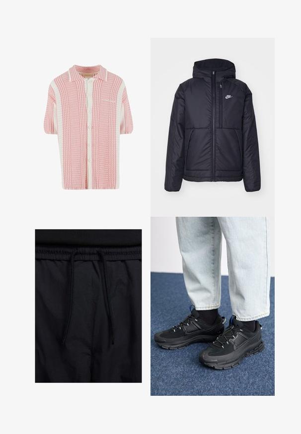Černá zateplená bunda Nike s předním zipem a kapucí. Na levé straně hrudi má bílé logo a dvojité přední kapsy. Hladký povrch.; Krátkozávitový pletený cardigan s růžovo-bílým pruhovaným vzorem, s límečkem a předním zapínáním na knoflíky. Měkká, texturovaná tkanina.; Černé šortky s páskem na šňůrku, lehký materiál s hladkou texturou a jednoduchý design bez viditelných log nebo vzorů.; Černé sportovní boty s texturovanou tkaninou a gumovou podrážkou, s elastickými tkaničkami a modrým akcentem na patě. Nosí se s světlými džíny.
