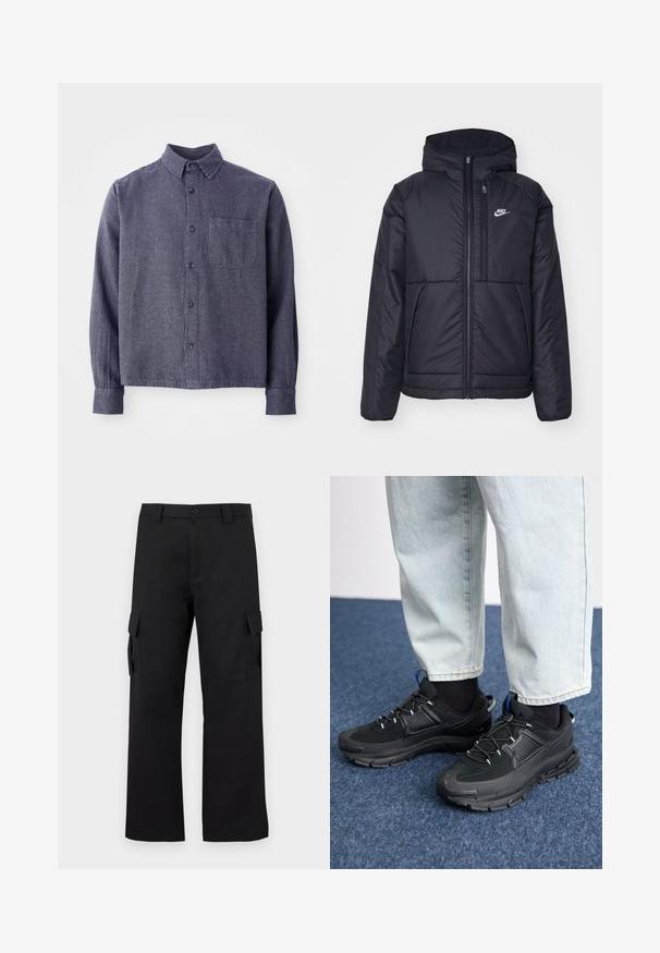 Svart, polstret Nike-jakke med frontglidelås og hette. Har en hvit logo på venstre bryst og doble frontlommer. Glatt ytterside.; Menns marineblå rutete skjorte med knapp, lett stoff, spredt krage, lange ermer, en brystlomme og knappestolpe foran.; Svarte cargo-bukser med rett ben-design. Laget av slitesterkt stoff, med to sidelommer med klaffelukking og knappestolpe.; Svarte sportssko med teksturert stoff og gummisåler, med elastiske lisser og en blå detalj på hælen. Brukt med lyse denimbukser.