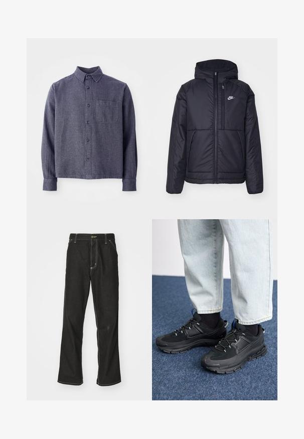 Črna, podložena Nike jakna z sprednjim zadrgo in kapuco. Ima bel logo na levem prsnem delu in dvojna sprednja žepa. Gladka zunanja tekstura.; Moška mornarsko modra karo srajca s gumbi, lahka tkanina, srajčna ovratnica, dolgi rokavi, ena žep na prsih in gumbasto zapiranje spredaj.; Črne jeans hlače ohlapenega kroja, ki imajo kontrastno belo šivanje, zapiranje na gumb in ravno nogavico.; Črne športne čevlje z teksturirano tkanino in gumijastimi podplati, ki imajo elastične vezalke ter modre poudarke na peti. Nosi se z lahkimi denim hlačami.