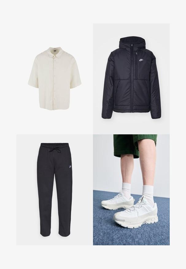 Chaqueta acolchada negra de Nike con cremallera frontal y capucha. Presenta un logo blanco en el lado izquierdo del pecho y dos bolsillos frontales. Textura exterior suave.; Camisa de manga corta en tela color crema, con un ajuste holgado, cierre de botones y un diseño de cuello clásico.; Pantalones de chándal negros hechos de una tela suave, con cintura elástica, cordón y un pequeño logo de Nike en el muslo izquierdo.; Zapatillas deportivas blancas con superposiciones texturizadas, una suela gruesa y acentos grises. Llevadas con calcetines blancos hasta la pantorrilla y pantalones cortos verdes sobre una superficie azul.