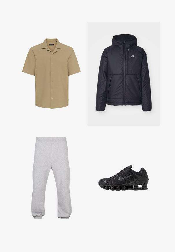 Giacca Nike nera, imbottita, con zip frontale e cappuccio. Presenta un logo bianco sul lato sinistro del petto e doppie tasche frontali. Texture esterna liscia.; Camicia a maniche corte con colletto in tessuto beige chiaro testurizzato, con sette bottoni sul davanti; vestibilità rilassata e orlo dritto.; Pantaloni della tuta grigi realizzati in misto cotone, dotati di una vita elasticizzata, gambe affusolate e orli a costine. Design semplice senza motivi.; Scarpe sportive nere realizzate in mesh e materiali sintetici, caratterizzate da un design ondulato distintivo, suola in gomma nera e dettagli riflettenti.