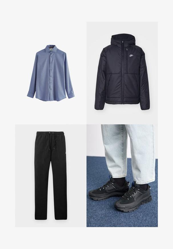 Juodas, paminkštintas Nike džemperis su priekyje užtrauktuku ir gobtuvu. Pasižymi balta logo kairėje krūtinės pusėje ir dviem priekinėmis kišenėmis. Su lygiu išoriniu paviršiumi.; Mėlynos ir baltos langeliais marginta ilgomis rankovėmis palaidinė. Pasižymi klasikiniu apykakle, mygtukų uždarymu priekyje ir mėlynais mygtukais. Pagaminta iš medvilnės mišinio.; Juodos vilnonės kelnės su elastiniu juosmeniu ir raišteliais, dviem priekinėmis kišenėmis ir maža slogo ant šlaunies.; Juodi sportiniai bateliai su tekstūruota medžiaga ir guminiais padais, su elastingomis raišteliais ir mėlynu akcentu ant kulno. Dėvimi su šviesiai mėlynomis džinsinėmis kelnėmis.