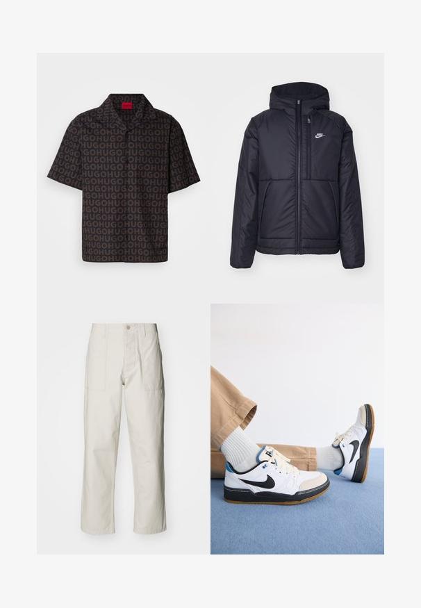 Chaqueta acolchada negra de Nike con cremallera frontal y capucha. Presenta un logo blanco en el lado izquierdo del pecho y dos bolsillos frontales. Textura exterior suave.; Camisa de manga corta en tejido oscuro con un patrón repetido de "HUGO", con cuello, presenta botones negros y una etiqueta de marca roja en el interior del cuello.; Pantalones de pierna ancha color beige claro, hechos de algodón. Cuentan con bolsillos frontales y cierre de botón. Textura suave con sutiles líneas verticales.; Zapatillas Nike en blanco y negro con acentos azules, con parte superior de cuero suave, suela de goma y cierre de cordones. Calcetines gris claro y pantalones beige.