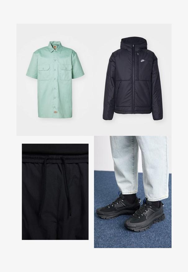 Casaco Nike preto, acolchoado, com fecho à frente e capuz. Apresenta um logo branco no lado esquerdo do peito e dois bolsos frontais. Textura exterior lisa.; Camisa de manga curta verde menta feita de algodão. Apresenta uma frente com botões, dois bolsos no peito e uma etiqueta com o logótipo perto da bainha.; Calções pretos com um cós elástico ajustável, fabricados em tecido leve com uma textura suave e um design simples, sem logótipos ou padrões visíveis.; Sapatilhas desportivas pretas com tecido texturizado e solas em borracha, apresentando atacadores elásticos e um detalhe azul no calcanhar. Usadas com calças de ganga claras.