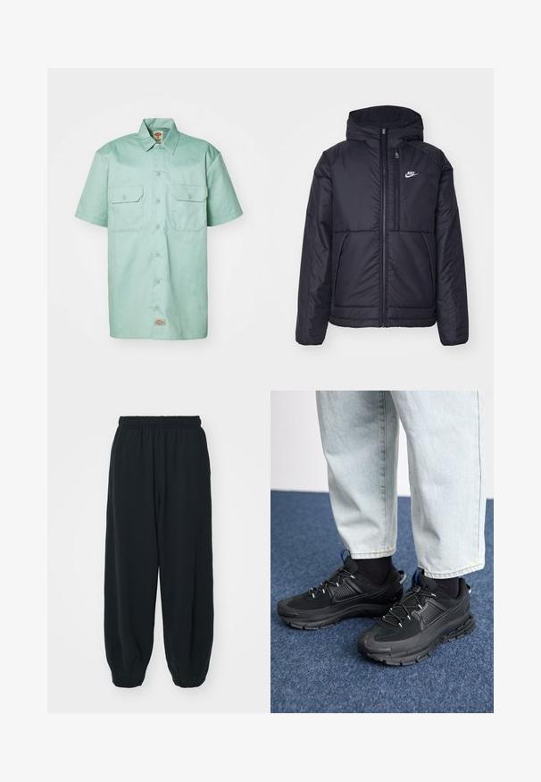 Czarna, pikowana kurtka Nike z przednim zamkiem błyskawicznym i kapturem. Posiada białe logo po lewej stronie klatki piersiowej oraz podwójne kieszenie z przodu. Gładka struktura zewnętrzna.; Koszula w kolorze miętowym z krótkim rękawem, wykonana z bawełny. Posiada zapięcie na guziki z przodu, dwie kieszenie na piersi oraz metkę z logo przy dolnym brzegu.; Czarne dresy z elastycznym pasem, luźny krój, ściśnięte nogawki, gładka tekstura, bez widocznych wzorów lub ozdób.; Czarne buty sportowe z teksturowanej tkaniny i gumowymi podeszwami, z elastycznymi sznurówkami i niebieskim akcentem na pięcie. Noszone z jasnymi dżinsami.