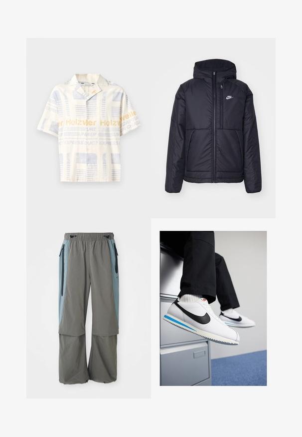 Melna, pufota Nike jaka ar priekšējo rāvējslēdzēju un kapuci. Iezīmēta ar baltu logotipu uz kreisās krūtis un divām priekšējām kabatām. Gluda ārējā tekstūra.; Kreklu ar īsām piedurknēm gaiši bēšā krāsā ar zilu un dzeltenu grafiku, ar tekstu zīmējumu un brīvu piegriezumu.; Pelēki āra bikses ar plašu kāju dizainu, kam ir tumši zilas sānu paneļi un ar rāvējslēdzējiem aizveramas kabatas. Izgatavotas no viegla, elpojoša materiāla.; Baltas ādas sporta apavi ar melnu Nike zīmi, gaiši zilu un pelēku gumijas zoli un klasisku auklu dizainu. Kājām atpūšoties uz dokumentu skapja.