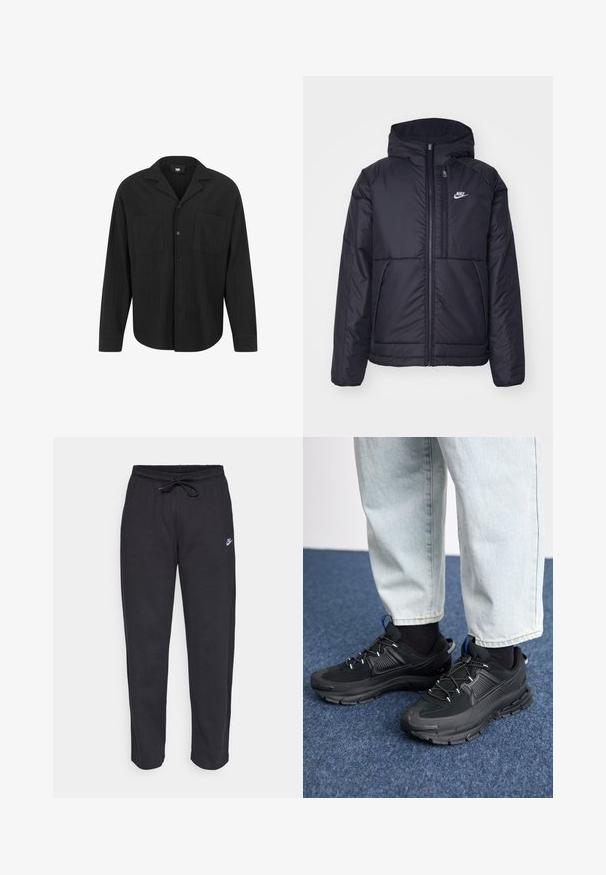 Black, padded Nike jacket with a front zipper and hood. Features a white logo on the left chest and dual front pockets. Smooth exterior texture.; Black long-sleeve shirt with a notched collar, front button closure, two chest pockets, and vertical ribbed texture.; Black sweatpants made of soft fabric with an elastic waistband, drawstring, and a small Nike logo on the left thigh.; Black athletic shoes with textured fabric and rubber soles, featuring elastic laces and a blue accent on the heel. Worn with light denim pants.