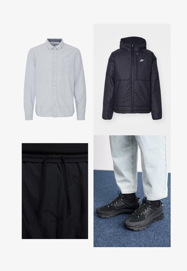 Must musta Nike jope, millel on ees lukuga avamine ja kapuuts. Vasakpoolne rind on kaunistatud valge logoga ning ees on kaks taskut. Sile välimine tekstuur.; Hele helesinine nööpidega särk, millel on vertikaalsed valged triibud, krae, üks rindkere tasku ja volditavad varrukad. Puuvillane kangas.; Mustad lühikesed püksid, millel on paelaga vöökoht, kerge kangas, mis on sileda tekstuuriga ning lihtne disain ilma nähtavate logode või mustriteta.; Mustad mustad jooksukingad, millel on tekstureeritud kangas ja kummist tallad, elastsed nöörid ning sinine aksent kandadel. Kandmine heledate teksadega.