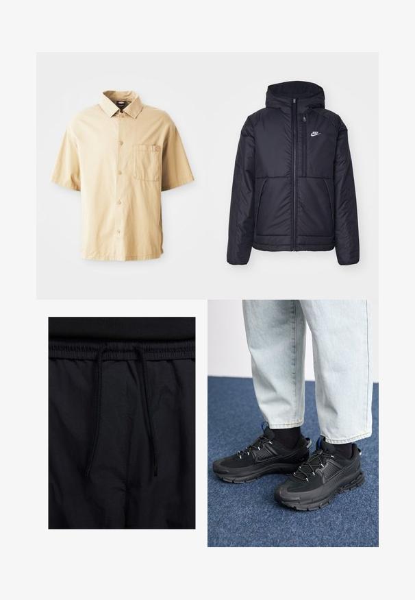 Casaco Nike preto, acolchoado, com fecho à frente e capuz. Apresenta um logo branco no lado esquerdo do peito e dois bolsos frontais. Textura exterior lisa.; Camisa bege de manga curta com colarinho pontiagudo, fecho frontal com botões, um bolso no peito e um pequeno logótipo bordado no bolso.; Calções pretos com um cós elástico ajustável, fabricados em tecido leve com uma textura suave e um design simples, sem logótipos ou padrões visíveis.; Sapatilhas desportivas pretas com tecido texturizado e solas em borracha, apresentando atacadores elásticos e um detalhe azul no calcanhar. Usadas com calças de ganga claras.