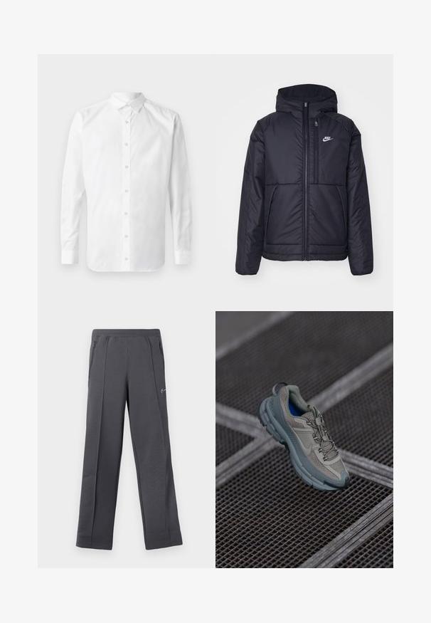 Giacca Nike nera, imbottita, con zip frontale e cappuccio. Presenta un logo bianco sul lato sinistro del petto e doppie tasche frontali. Texture esterna liscia.; Camicia bianca a maniche lunghe con colletto classico, chiusura frontale con bottoni e una morbida texture di cotone.; Pantaloni della tuta grigi realizzati in tessuto testurizzato con una vestibilità ampia, dotati di tasche laterali con zip e un piccolo logo sul davanti.; Scarpe sportive beige e grigie con tomaia in mesh testurizzato, punta arrotondata e suola in gomma, dotate di lacci e colletto imbottito.