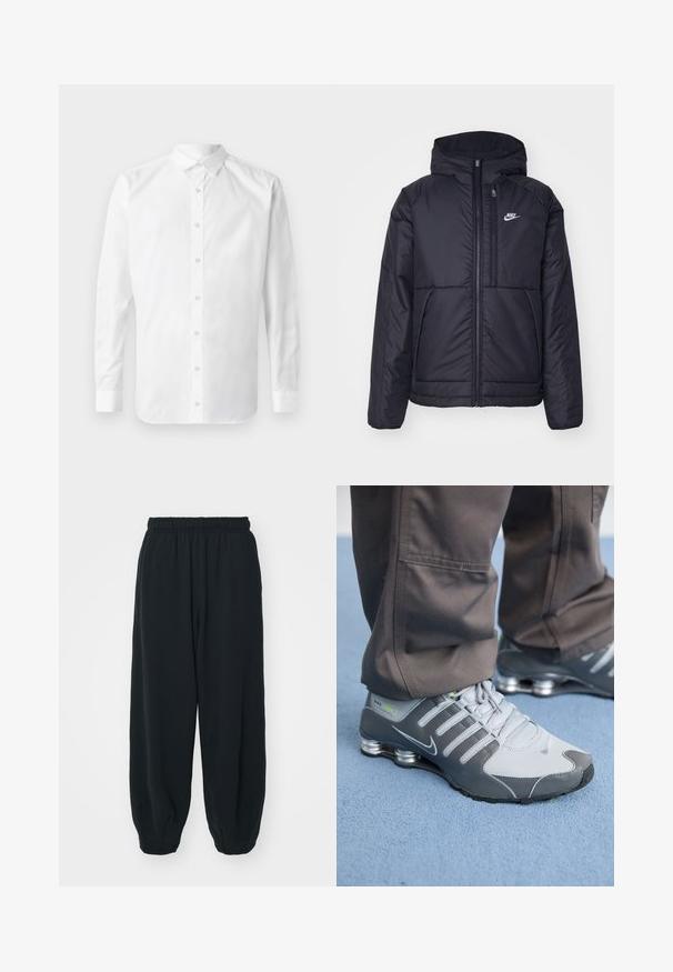 Musta, pehmustettu Nike-takki, jossa on etuvetoketju ja huppu. Vasemmassa rinnassa on valkoinen logo ja takissa on kaksinkertaiset etutaskut. Pintakoe on sileä.; Valkoinen pitkähihainen paitapusero, jossa on klassinen kaulus, etupuolella napit ja sileä puuvillapinta.; Mustat, elastisella vyötäröllä varustetut collegehousut, joissa on löysä istuvuus, cuffattu lahje, sileä pinta ja ilman näkyviä kuvioita tai varusteita.; Harmaat ja hopeiset Nike Shox -tennarit ovat tyylikkään muotoilun omaavia, joissa on verkko- ja synteettisiä materiaaleja, pyöreä kärki ja pehmustettu nilkkareunus.