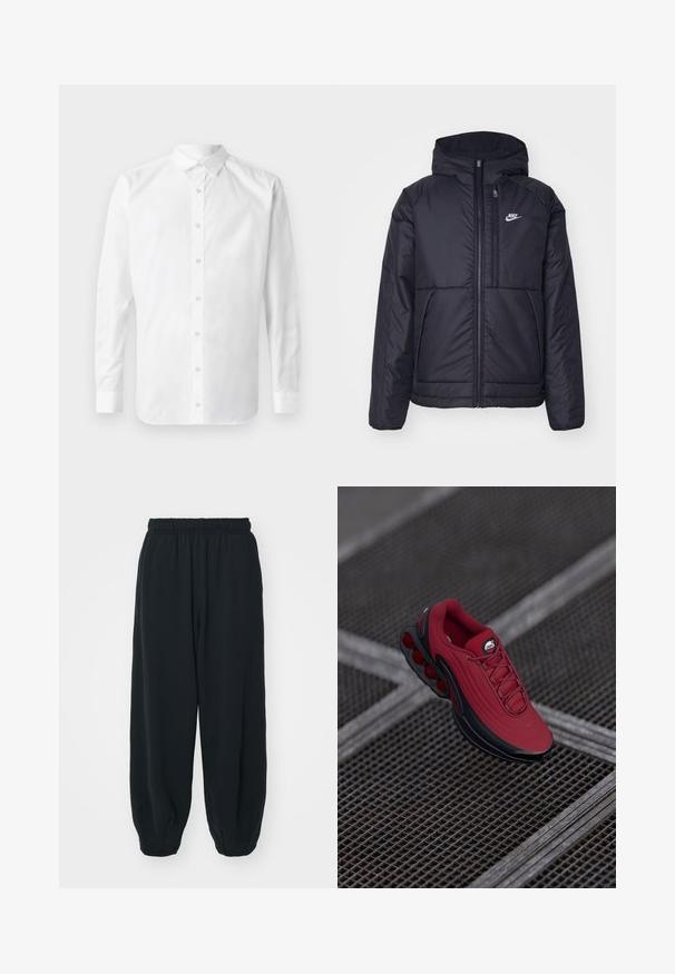 Must musta Nike jope, millel on ees lukuga avamine ja kapuuts. Vasakpoolne rind on kaunistatud valge logoga ning ees on kaks taskut. Sile välimine tekstuur.; Valge pika varrukaga nööpide ja klassikalise krae ning sujuva puuvillase tekstuuriga särk.; Mustade elastse vöökoha ja laia lõikega dressipüksid, mansetiga sääred, sile tekstuur ning ilma nähtavate mustrite või detailideta.; Punase sneaker, mille on tekstureeritud pealne, mustade aktsentidega ja silmapaistva õhukaitse taldesuunnid. Paelad ja logo on nähtavad ülal.