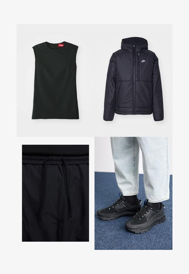 Black, padded Nike jacket with a front zipper and hood. Features a white logo on the left chest and dual front pockets. Smooth exterior texture.; Black sleeveless top with a round neckline, smooth fabric, and a back zipper. Features a small red tag with "032c" logo at the neck.; Black shorts featuring a drawstring waistband, lightweight fabric with a smooth texture, and a simple design without visible logos or patterns.; Black athletic shoes with textured fabric and rubber soles, featuring elastic laces and a blue accent on the heel. Worn with light denim pants.
