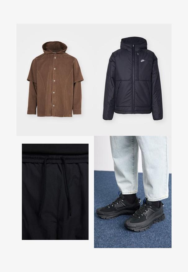 Musta, pehmustettu Nike-takki, jossa on etuvetoketju ja huppu. Vasemmassa rinnassa on valkoinen logo ja takissa on kaksinkertaiset etutaskut. Pintakoe on sileä.; Han Kjøbenhavn HOODED LAYERED - Vapaa-ajan kauluspaita - brown; Mustat shortsit, joissa on naru vyötäröllä, kevyestä kankaasta valmistettu, sileä tekstuuri ja yksinkertainen muotoilu ilman näkyviä logoja tai kuvioita.; Mustat urheilukengät, joissa on teksturoitu kangas ja kumipohjat, elastiset nauhat ja sininen yksityiskohta kannassa. Yhdistetty vaaleisiin farkkuihin.