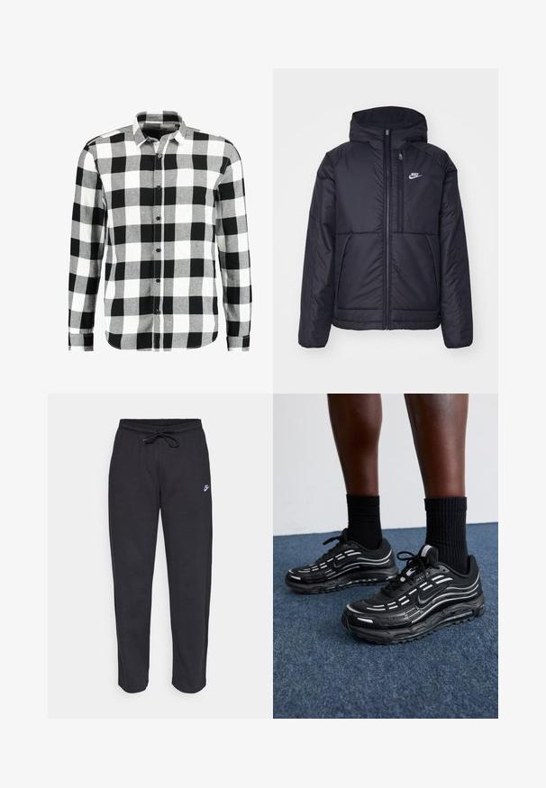 Zwarte, gewatteerde Nike-jas met een voorkant met ritssluiting en capuchon. Kenmerkt zich door een wit logo op de linkerborst en dubbele frontzakken. Gladde buitenkant.; Only & Sons ONSGUDMUND CHECKED SHIRT - Overhemd - cloud dancer; Zwarte sweatpants van zacht stof met een elastische tailleband, trekkoord en een klein Nike-logo op de linker bovenbeen.; Zwarte Nike-schoenen hebben een bovenwerk van mesh met accentstreepjes, getextureerde veters en een zwarte rubberen zool. Draag ze met zwarte geribde sokken.