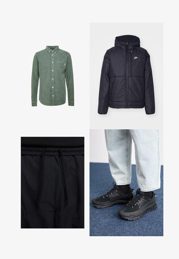 Casaco Nike preto, acolchoado, com fecho à frente e capuz. Apresenta um logo branco no lado esquerdo do peito e dois bolsos frontais. Textura exterior lisa.; Camisa de sarja verde com colarinho abotoado, mangas longas, um bolso no lado esquerdo do peito e botões brancos. Acabamento texturizado.; Calções pretos com um cós elástico ajustável, fabricados em tecido leve com uma textura suave e um design simples, sem logótipos ou padrões visíveis.; Sapatilhas desportivas pretas com tecido texturizado e solas em borracha, apresentando atacadores elásticos e um detalhe azul no calcanhar. Usadas com calças de ganga claras.