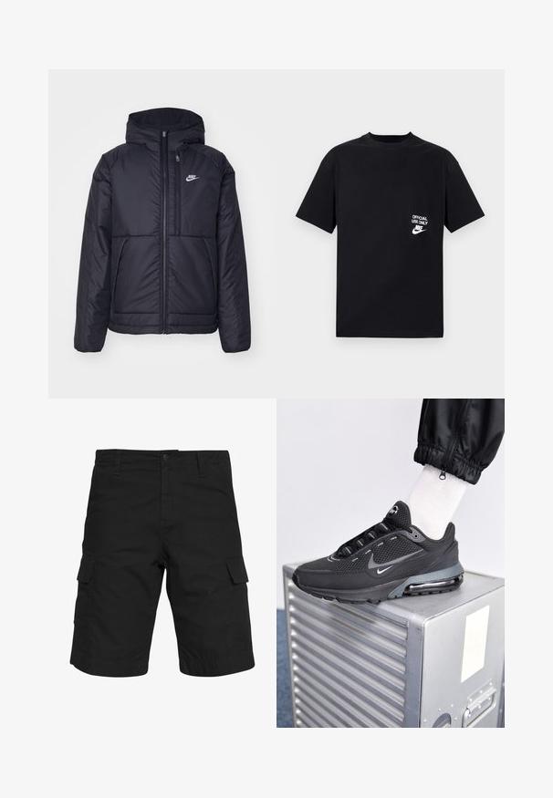 Chaqueta acolchada negra de Nike con cremallera frontal y capucha. Presenta un logo blanco en el lado izquierdo del pecho y dos bolsillos frontales. Textura exterior suave.; Camiseta de algodón negra con mangas cortas, cuello redondo, que presenta el texto blanco "USO OFICIAL SOLAMENTE" y el logo de Nike en el lado izquierdo del pecho.; Pantalones cortos cargo negros hechos de tela tejida, con dos bolsillos laterales, cierre de botón y un corte recto que llega hasta la rodilla.; Nike Sportswear PULSE - Zapatillas - black/anthracite