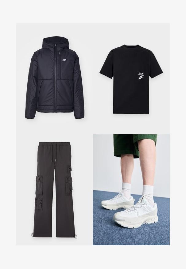 Jachetă Nike neagră, căptușită, cu fermoar pe față și glugă. Prezintă un logo alb pe pieptul stâng și două buzunare frontale. Textură exterioară netedă.; Tricou din bumbac negru cu mâneci scurte, decolteu rotund, având inscripția albă "DOAR PENTRU UTILIZARE OFICIALĂ" și logo-ul Nike pe pieptul stâng.; Pantaloni cargo negri cu talie reglabilă prin șnur, având multiple buzunare pe laterale și manșete elastice la glezne. Material ușor.; Pantofi sport albi cu suprapuneri texturate, talpă masivă și accente gri. Purtați cu șosete albe până la glezne și pantaloni scurți verzi pe o suprafață albastră.