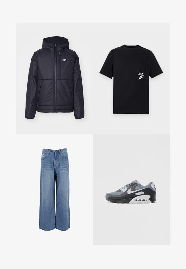 Crna Nike jakna s podstavom, dugmadi sprijeda i kapuljačom. Ima bijeli logotip na lijevoj strani prsnog koša i dva prednja džepa. Glatka vanjska tekstura.; Crna pamučna majica kratkih rukava, okruglog izreza, s bijelim natpisom "SAMO ZA SLUŽBENU UPOTREBU" i Nike logom na lijevoj strani prsiju.; Široke traperice u plavoj boji s visokim strukom, prednjim džepovima i šivanim detaljima na nogavicama. Teksturirana, izblijedjela završna obrada s opuštenim krojem.; Sivi tenis s mješavinom mrežastih i brušenih materijala, s crnim potplatom i vidljivom zračnom jedinicom. Primjetni svijetlosivi detalji i vezice.