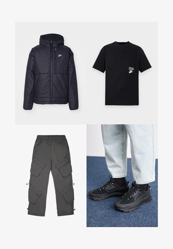 Musta, pehmustettu Nike-takki, jossa on etuvetoketju ja huppu. Vasemmassa rinnassa on valkoinen logo ja takissa on kaksinkertaiset etutaskut. Pintakoe on sileä.; Mustat puuvillat-paita, jossa on lyhyet hihat, pyöreä kaula-aukko ja jossa on valkoinen teksti "VIRALLISEKSI KÄYTÖKSI AINOASTAAN" sekä Nike-logo vasemmalla rinnassa.; Farkut vaaleaharmaasta kankaasta, joissa on joustava vyötärö, useita cargo-taskuja, nyörit haaroissa ja sileä pinta.; Mustat urheilukengät, joissa on teksturoitu kangas ja kumipohjat, elastiset nauhat ja sininen yksityiskohta kannassa. Yhdistetty vaaleisiin farkkuihin.