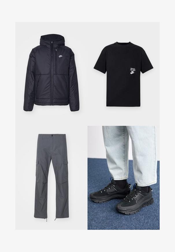 Sort, polstret Nike-jakke med frontlynlås og hætte. Har et hvidt logo på venstre bryst og to frontlommer. Glat ydre tekstur.; Sort bomulds T-shirt med korte ærmer, rund halsudskæring, med hvid tekst "OFFICIAL USE ONLY" og Nike-logo på venstre bryst.; Grå cargo bukser med lige pasform, flere lommer, knaplukning og justerbare manchetter ved kanten. Fremstillet af let og slidstærkt stof.; Sorte træningssko med tekstureret stof og gummisåler, udstyret med elastiske snørebånd og en blå detalje på hælen. Bæres med lyse denimbukser.