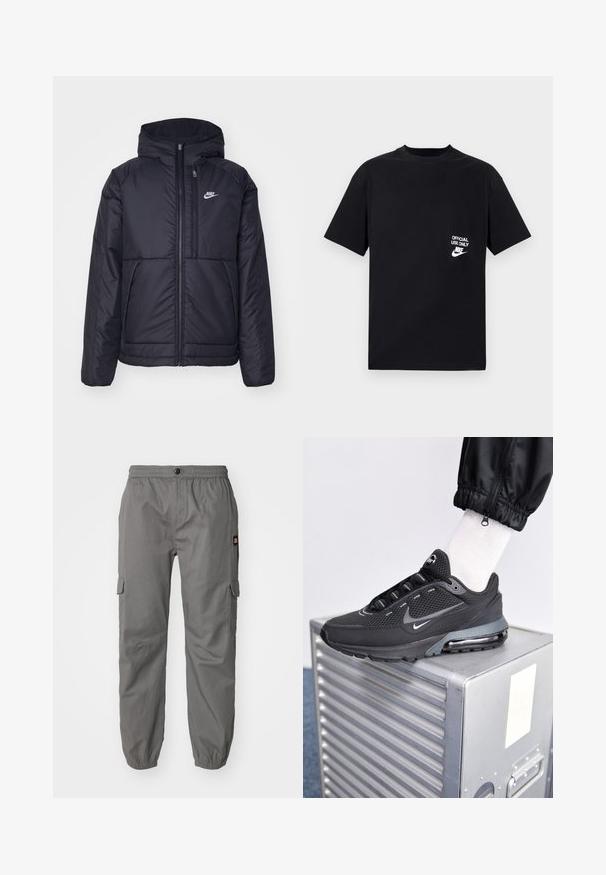 Černá zateplená bunda Nike s předním zipem a kapucí. Na levé straně hrudi má bílé logo a dvojité přední kapsy. Hladký povrch.; Černé bavlněné tričko s krátkým rukávem a kulatým výstřihem, se bílým textem "POUZE OFICIÁLNÍ UŽÍVÁNÍ" a znakem Nike na levé části hrudi.; Šedé cargo kalhoty s elastickým pasem, knoflíkovým zapínáním a bočními kapsami. Tkanina vypadá lehce a má hladkou strukturu.; Nike Sportswear PULSE - Tenisky - black/anthracite