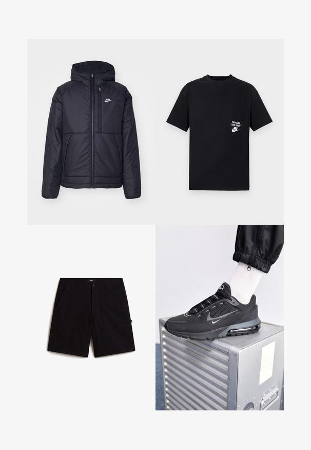Chaqueta acolchada negra de Nike con cremallera frontal y capucha. Presenta un logo blanco en el lado izquierdo del pecho y dos bolsillos frontales. Textura exterior suave.; Camiseta de algodón negra con mangas cortas, cuello redondo, que presenta el texto blanco "USO OFICIAL SOLAMENTE" y el logo de Nike en el lado izquierdo del pecho.; Pantalones cortos negros de algodón, con una cinturilla estándar, dos bolsillos delanteros y un ajuste relajado. Diseño simple sin patrones visibles.; Nike Sportswear PULSE - Zapatillas - black/anthracite