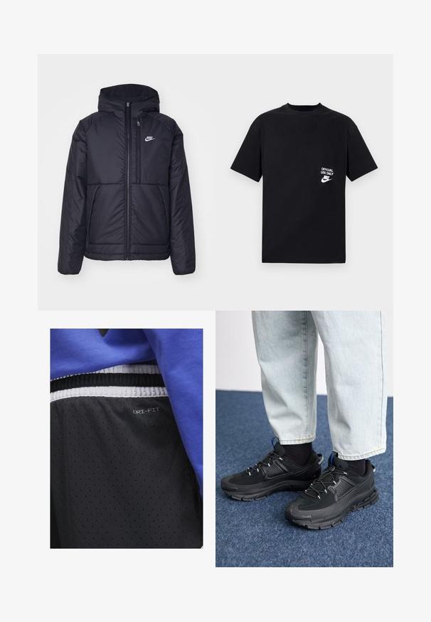 Black, padded Nike jacket with a front zipper and hood. Features a white logo on the left chest and dual front pockets. Smooth exterior texture.; Black cotton t-shirt with short sleeves, round neckline, featuring white text “OFFICIAL USE ONLY” and Nike logo on the left chest.; Jordan DIAMOND SHORT - Sports shorts - black/white/white/(white); Black athletic shoes with textured fabric and rubber soles, featuring elastic laces and a blue accent on the heel. Worn with light denim pants.