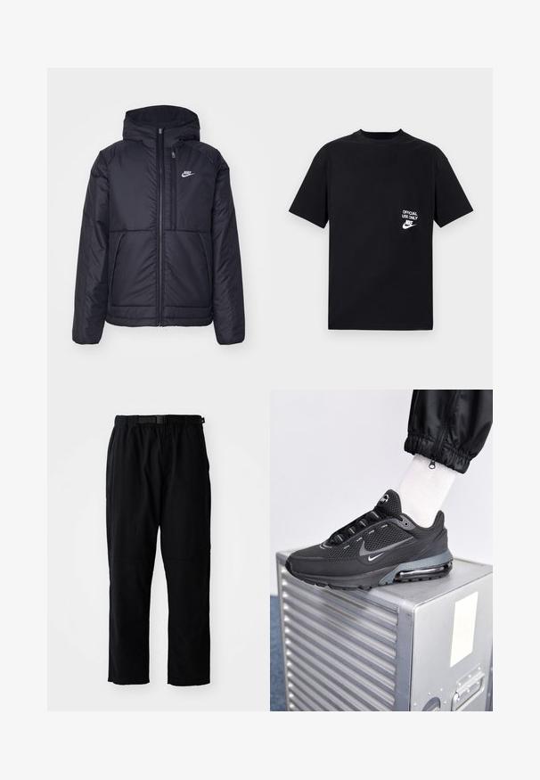 Czarna, pikowana kurtka Nike z przednim zamkiem błyskawicznym i kapturem. Posiada białe logo po lewej stronie klatki piersiowej oraz podwójne kieszenie z przodu. Gładka struktura zewnętrzna.; Czarny bawełniany T-shirt z krótkim rękawem, okrągłym dekoltem, z białym napisem „TYLKO DO UŻYTKU OFICJALNEGO” oraz logo Nike na lewej piersi.; Czarne, lekkie spodnie o luźnym kroju, z paskiem w talii, wzmocnionymi łatami na kolanach oraz prostymi nogawkami.; Nike Sportswear PULSE czarny