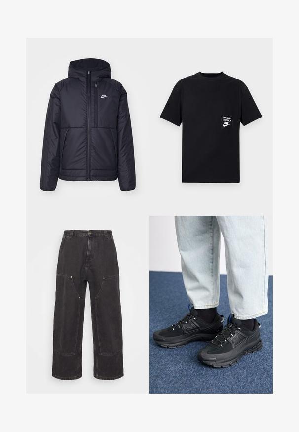 Jachetă Nike neagră, căptușită, cu fermoar pe față și glugă. Prezintă un logo alb pe pieptul stâng și două buzunare frontale. Textură exterioară netedă.; Tricou din bumbac negru cu mâneci scurte, decolteu rotund, având inscripția albă "DOAR PENTRU UTILIZARE OFICIALĂ" și logo-ul Nike pe pieptul stâng.; Carhartt WIP NASH PANT SMITH - Blugi loose fit - black stone washed; Pantofi sport negri, cu țesătură texturată și tălpi din cauciuc, având șireturi elastice și un accent albastru pe toc. Purtați cu pantaloni din denim deschis.