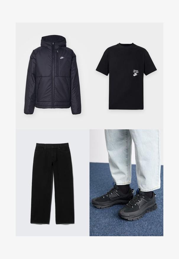 Sort, polstret Nike-jakke med frontlynlås og hætte. Har et hvidt logo på venstre bryst og to frontlommer. Glat ydre tekstur.; Sort bomulds T-shirt med korte ærmer, rund halsudskæring, med hvid tekst "OFFICIAL USE ONLY" og Nike-logo på venstre bryst.; Sorte jeans med vide ben lavet af denim med fem lommer, lynlås foran og kontrasterende syningsdetaljer.; Sorte træningssko med tekstureret stof og gummisåler, udstyret med elastiske snørebånd og en blå detalje på hælen. Bæres med lyse denimbukser.