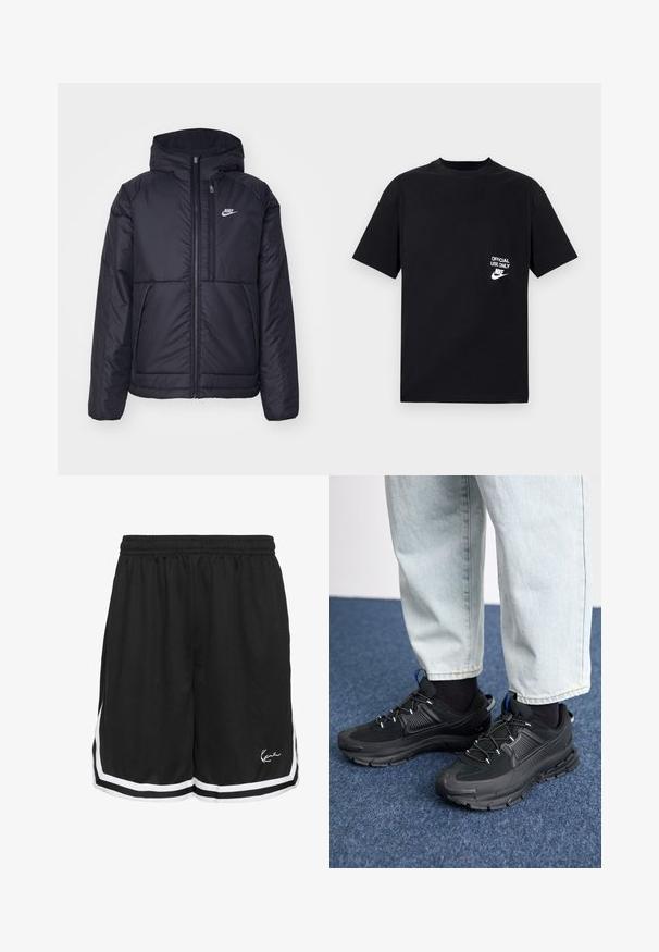 Crna Nike jakna s podstavom, dugmadi sprijeda i kapuljačom. Ima bijeli logotip na lijevoj strani prsnog koša i dva prednja džepa. Glatka vanjska tekstura.; Crna pamučna majica kratkih rukava, okruglog izreza, s bijelim natpisom "SAMO ZA SLUŽBENU UPOTREBU" i Nike logom na lijevoj strani prsiju.; Crne atletske šortse s elastičnom trakom oko struka, s bijelim bočnim prugama i logotipom na donjoj prednjoj desnoj strani. Blago teksturirana tkanina.; Crne atletske cipele s teksturiranom tkaninom i gumene potplate, s elastičnim vezicama i plavim akcentom na peti. Nosene su s svijetlim trapericama.