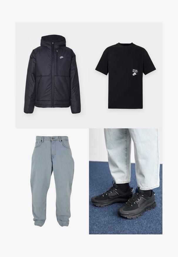 Černá zateplená bunda Nike s předním zipem a kapucí. Na levé straně hrudi má bílé logo a dvojité přední kapsy. Hladký povrch.; Černé bavlněné tričko s krátkým rukávem a kulatým výstřihem, se bílým textem "POUZE OFICIÁLNÍ UŽÍVÁNÍ" a znakem Nike na levé části hrudi.; Světlé modré džíny s uvolněným střihem, vybavené předními kapsami, zapínáním na knoflík a jemnými detaily prošívání.; Černé sportovní boty s texturovanou tkaninou a gumovou podrážkou, s elastickými tkaničkami a modrým akcentem na patě. Nosí se s světlými džíny.