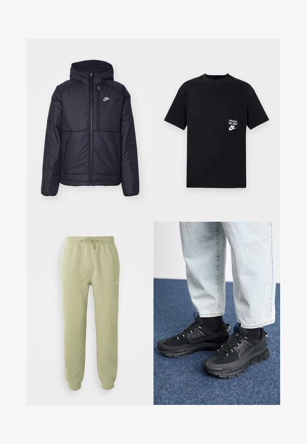 Black, padded Nike jacket with a front zipper and hood. Features a white logo on the left chest and dual front pockets. Smooth exterior texture.; Black cotton t-shirt with short sleeves, round neckline, featuring white text “OFFICIAL USE ONLY” and Nike logo on the left chest.; Light green jogger pants with elastic waistband, drawstring, cuffed ankles, and small Jumpman logo on the right thigh.; Black athletic shoes with textured fabric and rubber soles, featuring elastic laces and a blue accent on the heel. Worn with light denim pants.