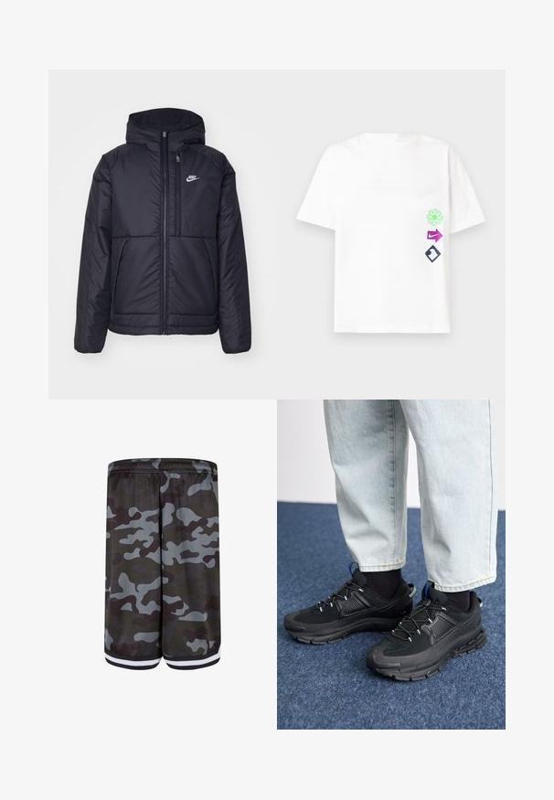 Black, padded Nike jacket with a front zipper and hood. Features a white logo on the left chest and dual front pockets. Smooth exterior texture.; White short-sleeve t-shirt with a relaxed fit featuring three colorful graphic designs: green flower, purple arrow, and black diamond shape.; Camouflage shorts featuring a mesh texture, predominantly gray with dark green accents, elastic waistband, and white stripe detailing at the hem.; Black athletic shoes with textured fabric and rubber soles, featuring elastic laces and a blue accent on the heel. Worn with light denim pants.