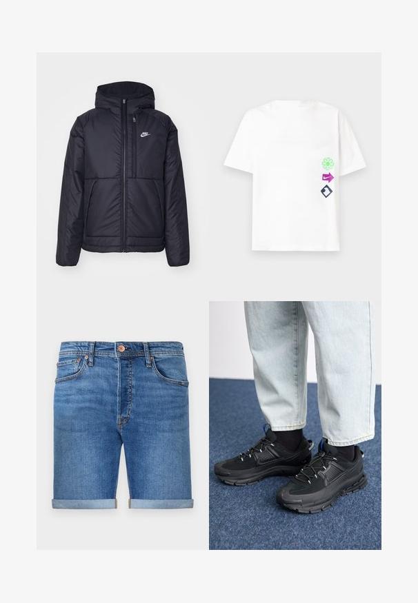 Musta, pehmustettu Nike-takki, jossa on etuvetoketju ja huppu. Vasemmassa rinnassa on valkoinen logo ja takissa on kaksinkertaiset etutaskut. Pintakoe on sileä.; Valkoinen lyhythihainen t-paita, joka on rento malli ja jossa on kolme värikästä graafista kuvastoa: vihreä kukka, violetti nuoli ja musta timantti.; Farkkushortsit keskipitkässä sinisessä sävyssä, käännetyt lahkeet, viisi taskua, messinkinen nappisulku ja erottuva ompelu.; Mustat urheilukengät, joissa on teksturoitu kangas ja kumipohjat, elastiset nauhat ja sininen yksityiskohta kannassa. Yhdistetty vaaleisiin farkkuihin.